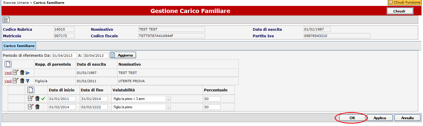 ), come mostrato in Figura 9 Campi da valorizzare per inserimento informazioni per calcolo detrazioni: Data di inizio Data di fine Valutabilità Percentuale Campo obbligatorio.