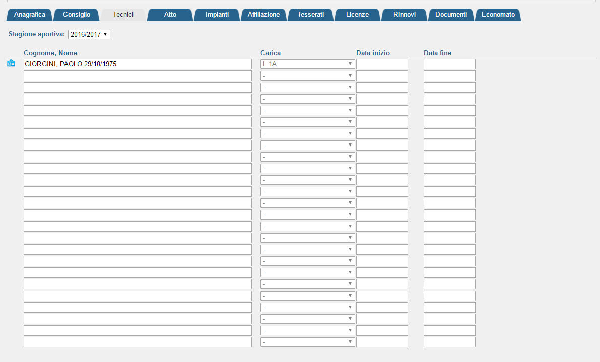Tecnici: Nella sezione Tecnici vengono indicati i tecnici che sono già tesserati per la stagione sportiva in corso e che fanno