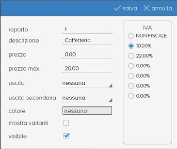 Reparto : in automatico viene proposto il primo indice disponibile; l indice può essere modificato manualmente Descrizione : descrizione da associare al reparto (max.