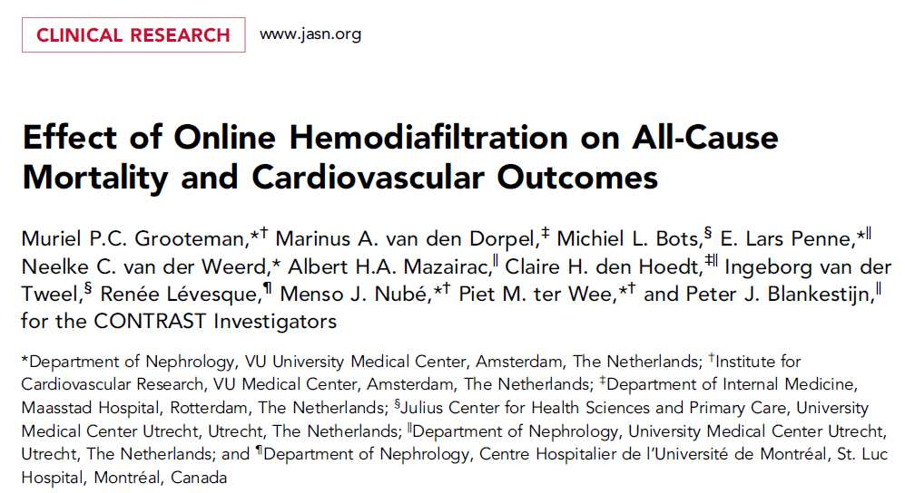 Online-HDF with high substitution volumes may reduce mortality (Dutch trial) CONTRAST: prospective, randomised study Online-HDF compared with low-flux HD. Investigation of overall mortality.
