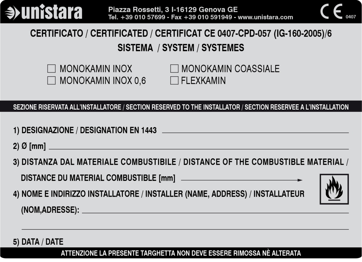 ALLEGATO A ESEMPIO DI PLACCA DI IDENTIFICAZIONE ISTRUZIONI PER LA COMPILAZIONE DELLA PLACCA DI IDENTIFICAZIONE DEI SISTEMI MONOKAMIN E FLEXKAMIN La targhetta dati di impianto viene applicata nelle