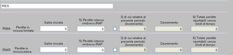 all 80% del reddito da compensare; Rigo RS44 Totale perdite riportabili senza limite di tempo: Riporto risultato della seguente operazione: (Saldo Iniziale + Perdite istanza rimborso IRAP + Perdite