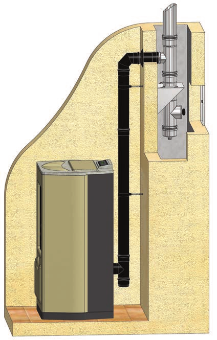 Déchargement à travers la cheminée Esempio di stufa a pellet con canale da fumo monoparete STABILE NX collegato ad un camino singolo in acciaio inox doppiaparete STABILE PD.