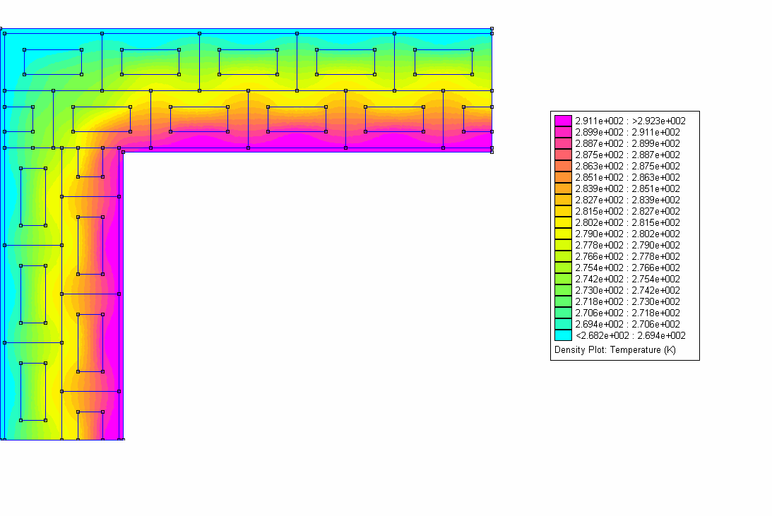 rapporto n.4 del 5.08.011. Ponte termico di parete in angolo Analisi blocco ad elementi finiti output grafico Dati di uscita: Minima temperatura superficiale Ψ i = 0.099 Ψ e = -0.167 Ψ tot int = -0.