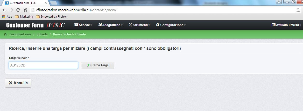 CustomerForm: Codifica Nuovo Cliente Inserisco il numero di targa del cliente e clicco cerca targa Se il sistema non trova nessuna corrispondenza, clicco il tasto