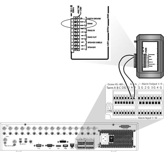 19BAppendice D: Tastiera KTD-405 Figura 37: collegamenti della tastiera e del NVR Box I/O Pannello posteriore del TVN 21 Impostazione della tastiera per il funzionamento con l'unità TVN 21 La