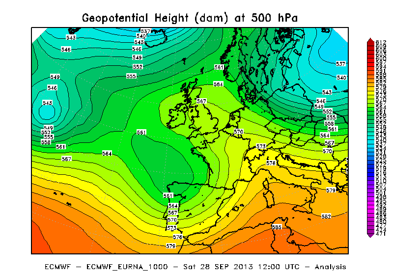 Elaborazione ARPA Piemonte su dati ECMWF Figura 2b Analisi dell altezza di geopotenziale a 500 hpa alle ore 12 UTC del 28 Settembre 2013. Elaborazione ARPA Piemonte su dati ECMWF.