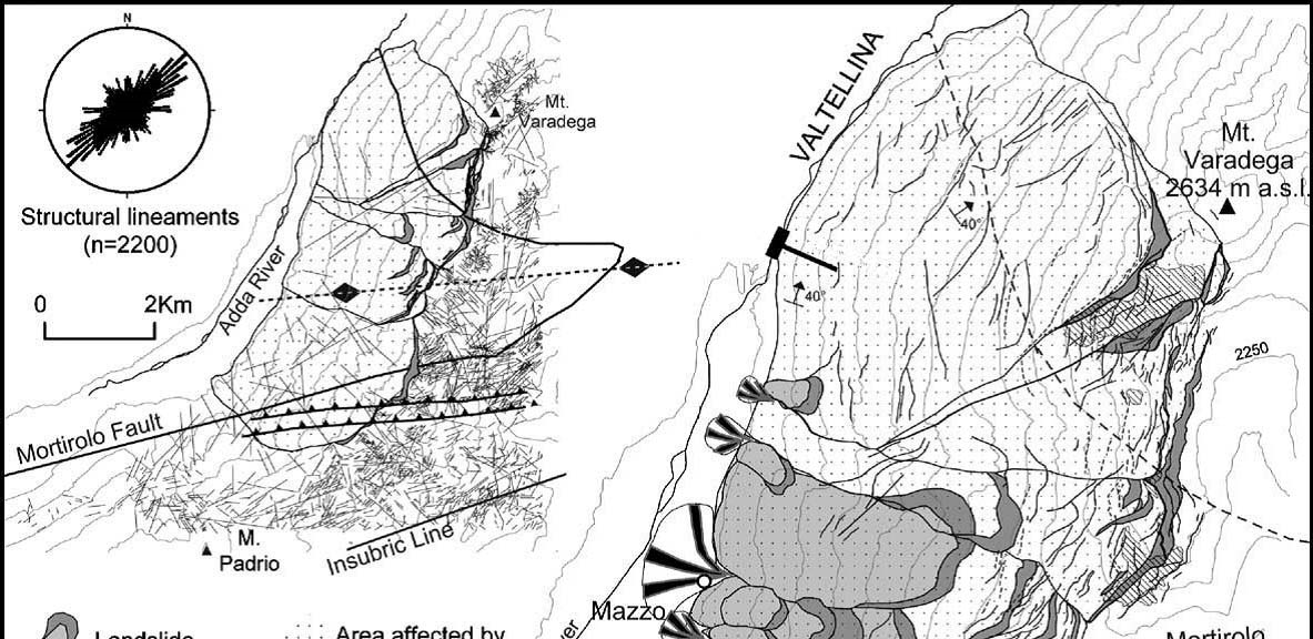 Figura 2.2: Mappa tettonica e geologica con evidenziate: Linea Insubrica (o del Tonale), Linea del Mortirolo ed i maggiori movimenti gravitazionali [C. Ambrosi, G. B.