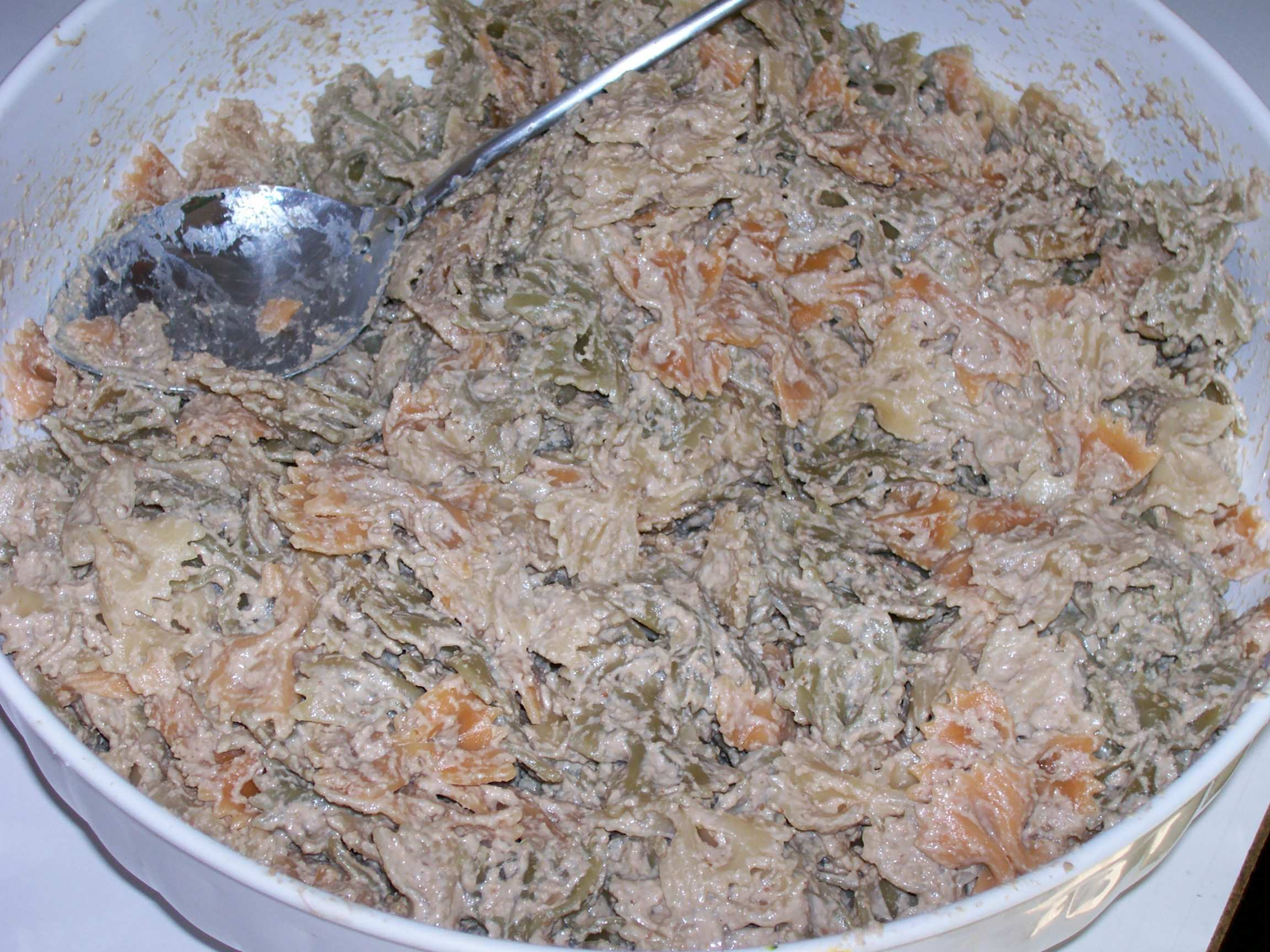 Farfalle tricolore alla salsa di Ingredienti per 4 porzioni : 350 grammi di pasta tipo farfalle tricolore, 200 grammi di semi di girasole, 1 scalogno, uno spicchio di aglio erba cipollina e \ o