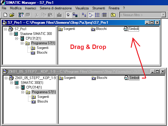 Simboli: acquisirli da altri progetti E possibile importare i simboli da un altro progetto mediante un operazione di drag & drop Aprire inoltre nella scheda "Progetti di esempio" il progetto: