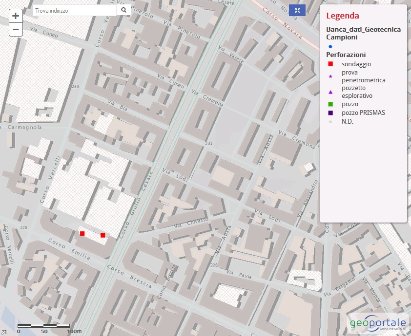 Sondaggi disponibili su banca dati Arpa Piemonte La banca dati geotecnica dell' Arpa Piemonte contiene due sondaggi situati in prossimità dell'area interessata dall'intervento, contrassegnati con i