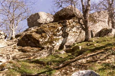 In a) e b) è evidente come la cinta muraria sia intervallata alla roccia in situ, c) conci di roccia tagliati ed incastrati tra loro; d) assetto monoclinalico di un affioramento di Flysch Numidico