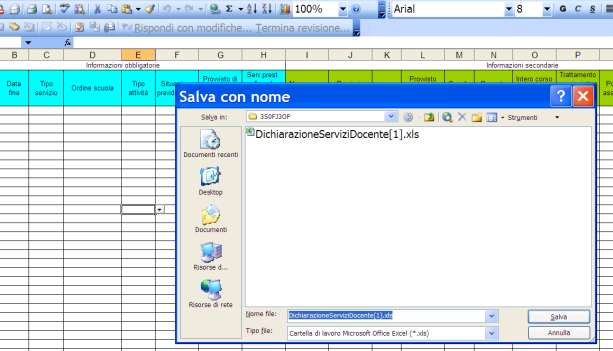 0 Figura 65 Gestione servizi non di ruolo docenti caricamento massivo Inseriti i dati nel foglio excel l utente deve salvare il file excel in una apposita directory sul proprio PC (Figura 66) e