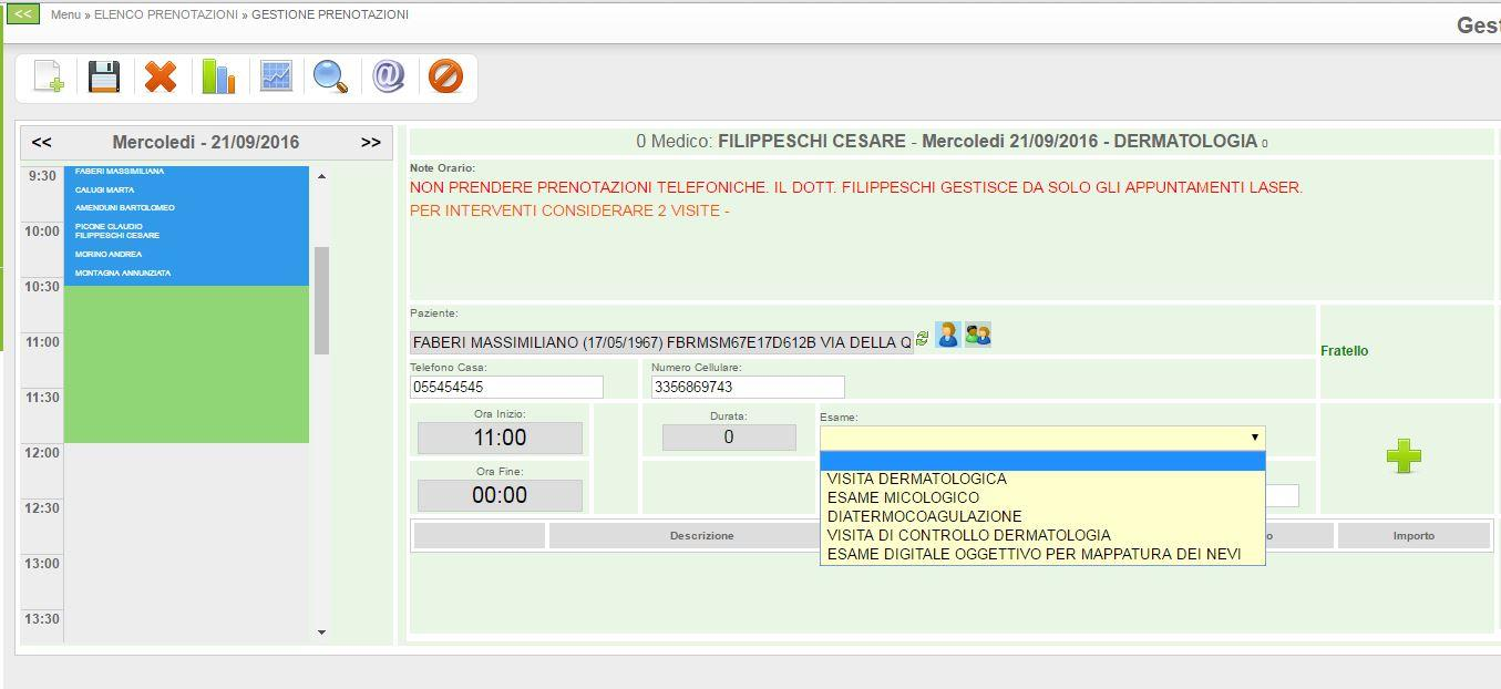 Fig. 26 Cliccando sul campo esame compare la lista di tutti gli esami che il medico esegue in quel determinato giorno: Fig.