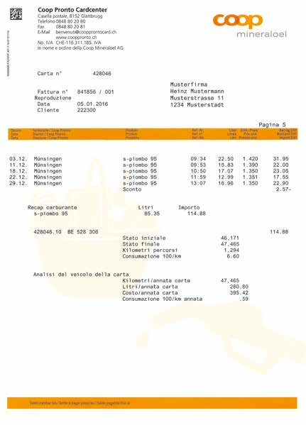 chilometraggio e consumo ogni 100 chilometri Una fattura con una polizza di versamento Prezzo al litro applicato al