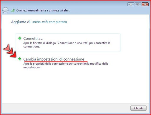 Passo 3 Nella finestra di conferma di aggiunta della rete selezionare la voce Cambia impostazioni di