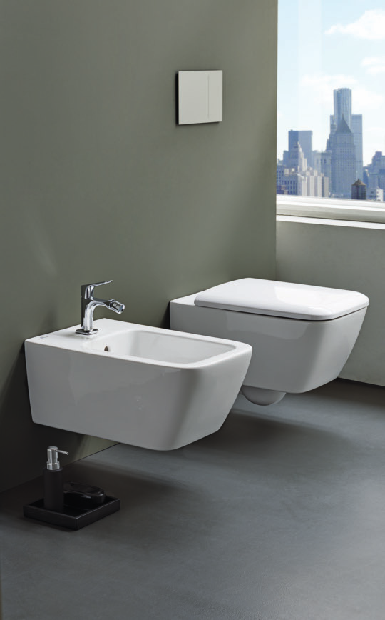 vaso sospeso metrica RIMFREE completo di sedile (79355/56) bidet sospeso metrica (79255) placca di comando Geberit Sigma70 acciaio spazzolato (115.625.FW.