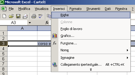 Inserire righe Selezionare la riga che si dovrà trovare sotto quella nuova