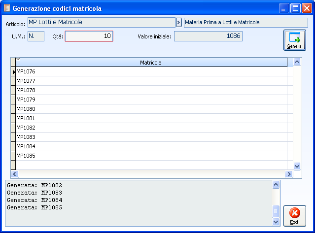 A D H O C E N T E R P R I S E - M A T R I C O L E Fig. 1-34 - Genera codice matricole Bottone Genera Cliccando il tasto Genera vengono create le matricole.