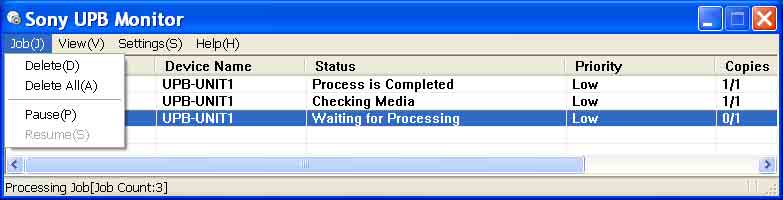 Per avviare UPB Monitor, fare clic su [Start] t [All Programs] t [Sony UPB-C10] t [UPB Monitor]. Il report di avanzamento di ciascun JOB è visualizzato nella colonna [Status].