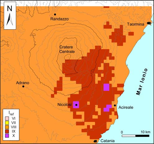 Figura 12: Valori di I ref calcolati per le diverse località dell area etnea (a sinistra) e per i siti localizzati ai nodi di una griglia regolare (a destra).