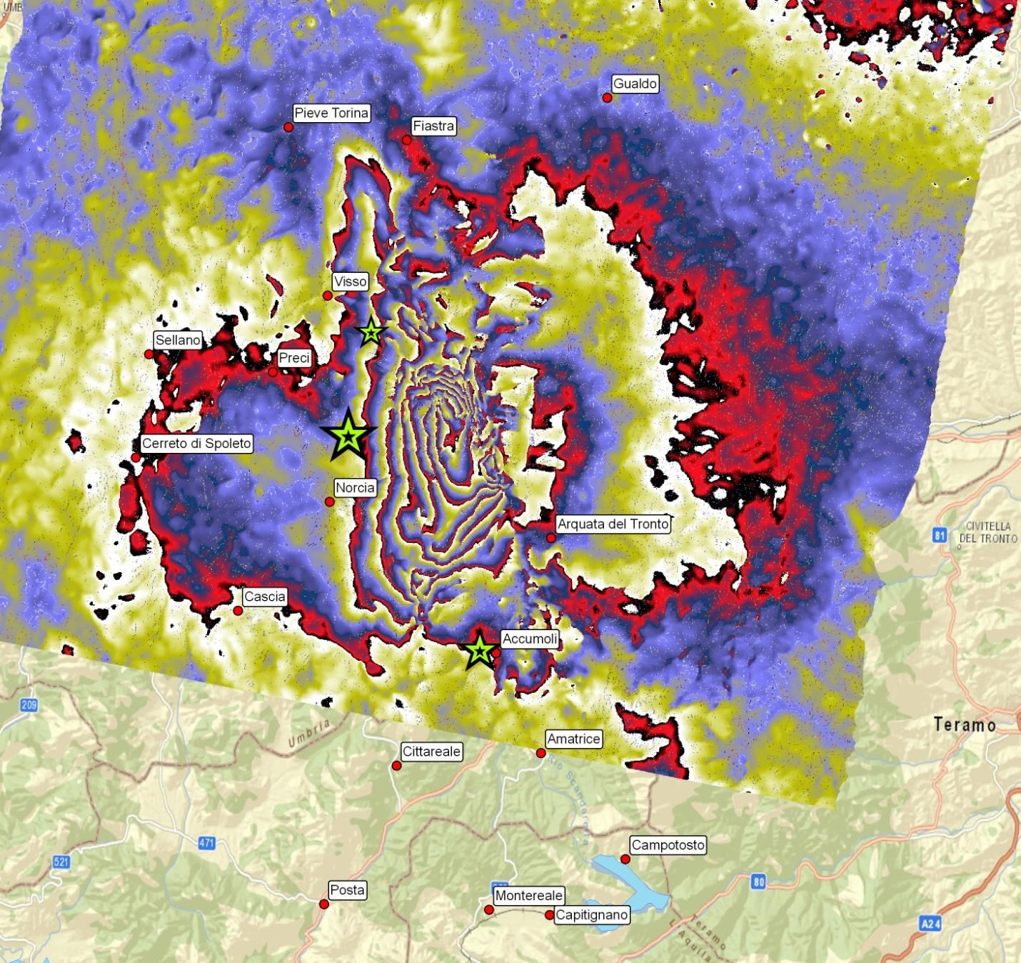 Figura 30. Interferogramma discendente ALOS2 che include la deformazione del suolo degli eventi di Visso e Norcia del 26/10/2016 e 30/10/2016.