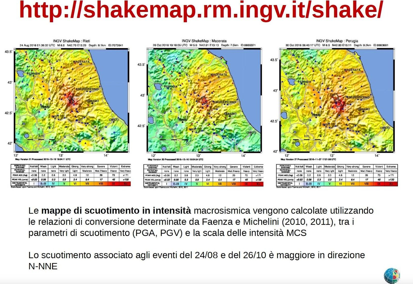 Shakemaps Le mappe di scuotimento (shakemap) relative ai terremoti più forti del 24 agosto, 26 ottobre e 30 ottobre 2016 sono mostrate nelle figure in intensità MCS. (http://shakemap.rm.ingv.