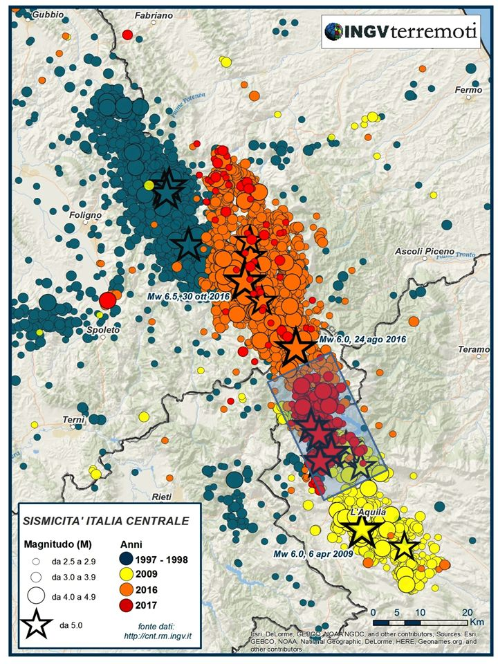 Sismicità La sequenza sismica del centro Italia, iniziata con il terremoto M w 6.0 di Amatrice e la forte replica M w 5.
