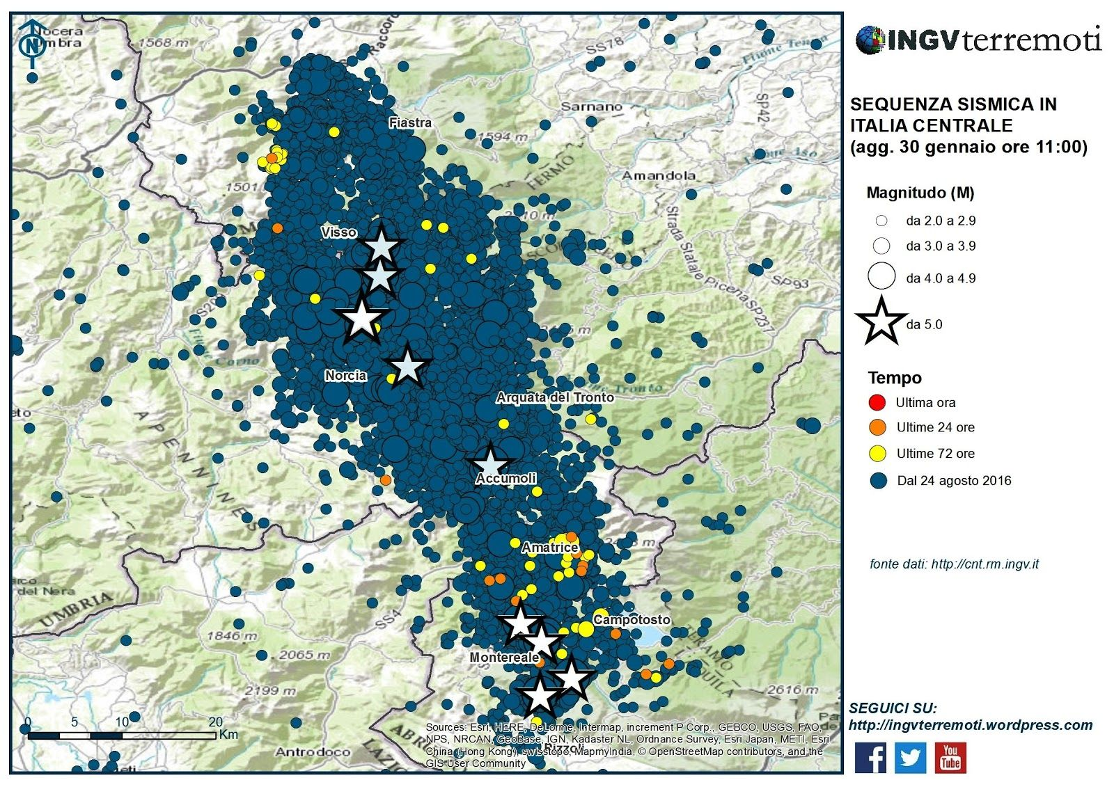 In figura 2 è riportata la mappa degli epicentri aggiornati al 29_01_2017-01-30; le localizzazioni riportate sono quelle distribuite nella banca dati ISIDe [2016; Marchetti et al.