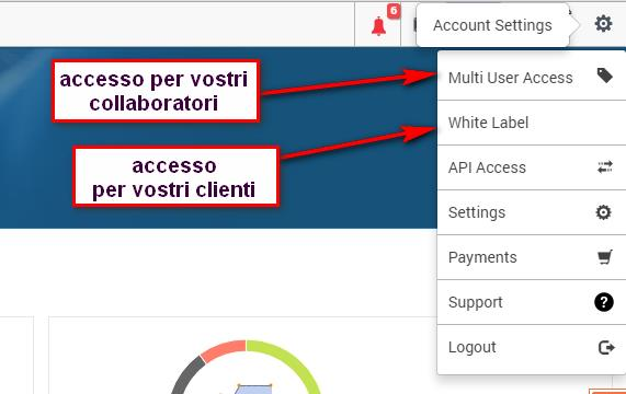 Da ultimo vediamo come fornire accesso ad un vostro collaboratore o ad un vostro cliente Tramite MULTI USER ACCESS potete aggiungere nuovi collaboratori Tramite il pulsante WHITE LABEL potete invece