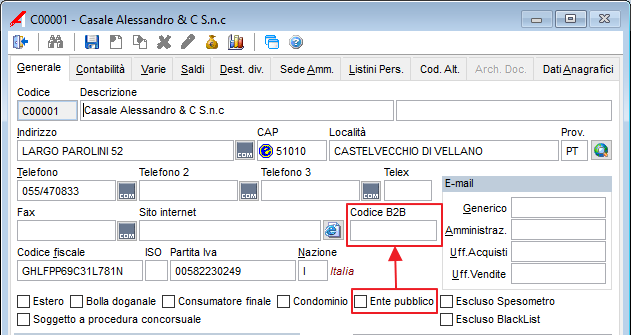 : Se il cliente è un soggetto privato, sarà visualizzato il campo Codice B2B : In tale campo si potrà inserire: Codice Destinatario: è il codice con cui il cliente si è accreditato allo SDI.