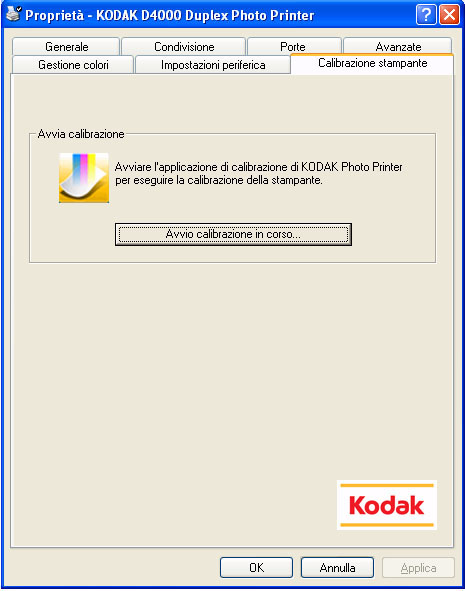 Uso del driver della stampante con il sistema operativo WINDOWS Uso delle opzioni della scheda Calibrazione della stampante È possibile avviare l'applicazione di calibrazione per KODAK Photo Printer