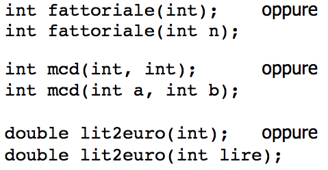 Esempi di dichiarazione Prototipi: Il nome del parametro può essere incluso nel