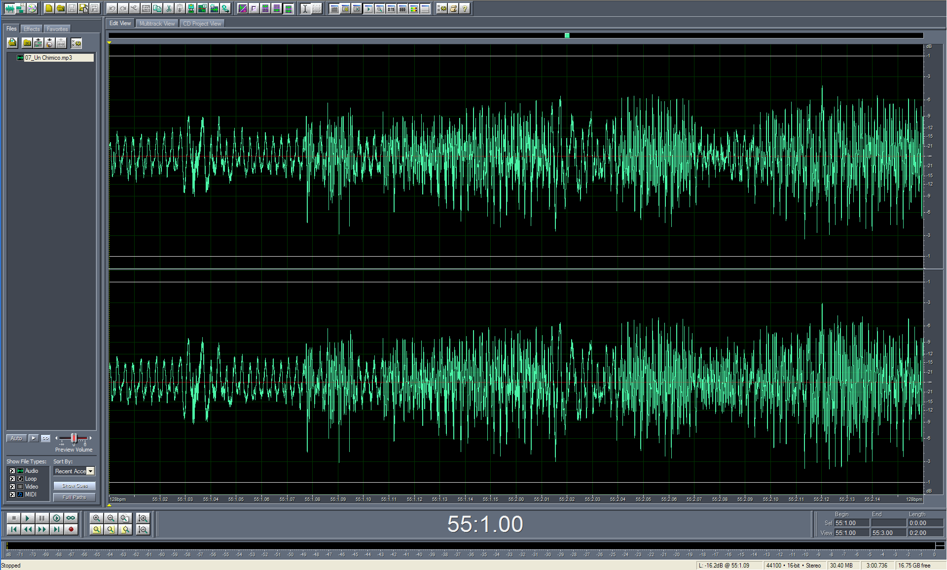 stereo richiede 44'100 campioni di 16 bit (2 byte) ciascuno per due canali, quindi 176'400 byte.