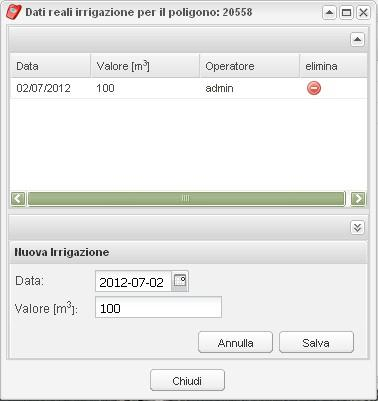 Figura 11 - Schermata di Inserimento dei Dati sull'irrigazione.