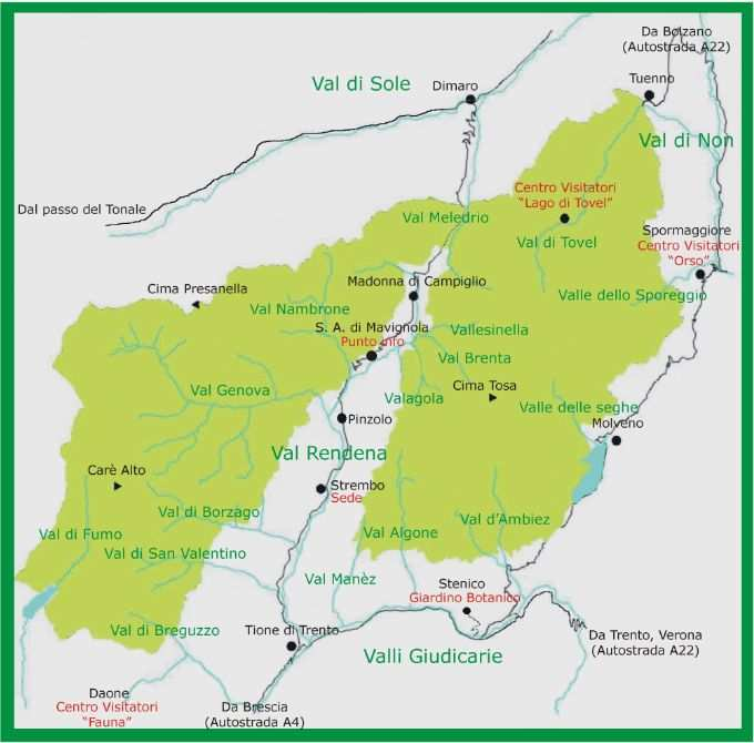 Di seguito è riportata la distribuzione delle strutture del Parco sul proprio territorio: Carisolo Valagola Spiazzo