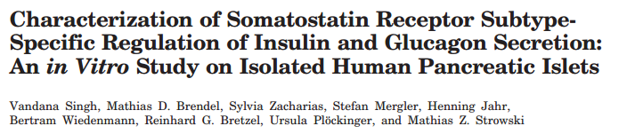 La secrezione insulinica è inibita da SSTR-2 > SSTR-5 > SSTR-1 La secrezione di glucagone è inibita da SSTR-2 > SSTR-1 > SSTR-5 Pasireotide (agonista