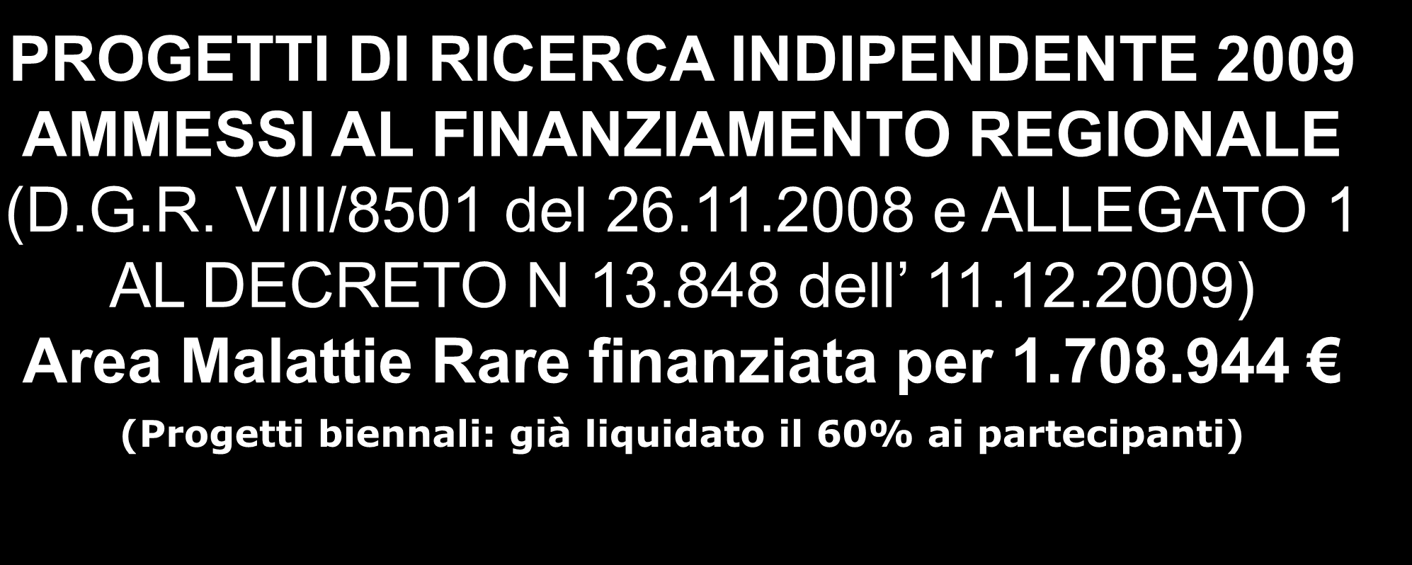 PROGETTI DI RICERCA INDIPENDENTE 2009 AMMESSI AL FINANZIAMENTO REGIONALE (D.G.R. VIII/8501 del 26.11.