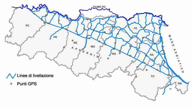 fig. 1 rete capisaldi E stato così possibile realizzare la prima carta a isolinee di velocità di abbassamento del suolo relativa al periodo 1970/93-1999, che costituisce il primo tentativo di