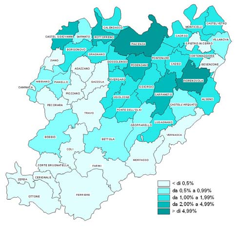 Seguono per rilevanza gli altri due comuni demograficamente maggiori della provincia: Fiorenzuola che ha un peso del 6% in termini di unità produttive e del 6,5% in termini di addetti, e Castel San