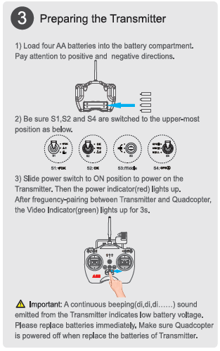 Preparazione trasmittente: 1: inserire le 4 batterie in formato AA. 2: Assicurarsi che gli interruttori S1 e S2 siano in posizione alta 3: Accendere la trasmittente.