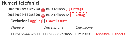 Cliccare il pulsante Aggiungi. Nel campo Destinazione inserire il numero in formato internazionale su cui deviare le chiamate Nel campo Deviazione selezionare la voce Automatica di emergenza.