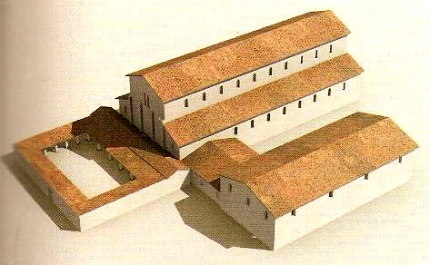 Il battistero si trova nel cortile, tra le due aule parallele. Ricostruzione della Basilica Fortunaziana 342-345 d.c. L'aula nord viene ampliata, fino a raddoppiare le sue dimensioni.