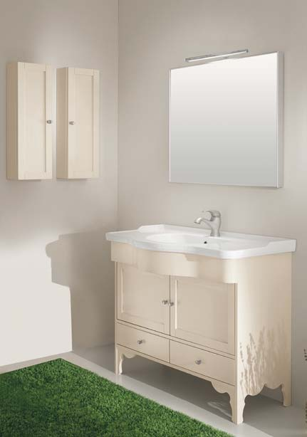 31 - L 108x P 46,5/55 Base colore Pergamon, lavabo ceramica Liberty, specchio Linea, applique da specchio Iside cromo, pomello Ovale cromo