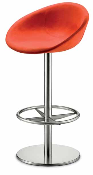Injected fi re retardant foam shell covered with fabric or simil-leather and removable covering cushion. Stainless steel central swivel base with gas lift device and chromed column.
