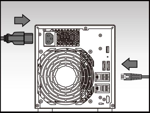 2.2. Collegamento e accensione del NAS Collegare il NAS all'alimentazione elettrica. Collegare il NAS al router, allo switch o all'hub usando un cavo Ethernet.