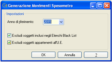 4) Generazione Movimenti Spesometro - La scelta Generazione Movimenti Spesometro (menu Contabilità \ Elaborazioni Annuali ) consente di generare, per l anno di riferimento indicato, un elenco di