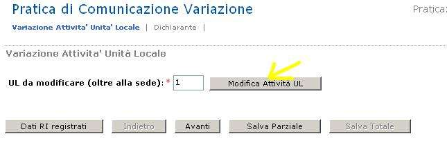 Nella pagina Variazione attività dell'unità locale indicare il numero delle