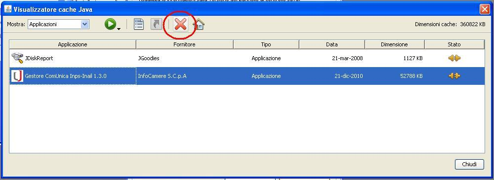 8.4.3 Passo 3: rimozione Gestore Nella finestra Visualizza cache Java, selezionare la voce Gestore ComUnica