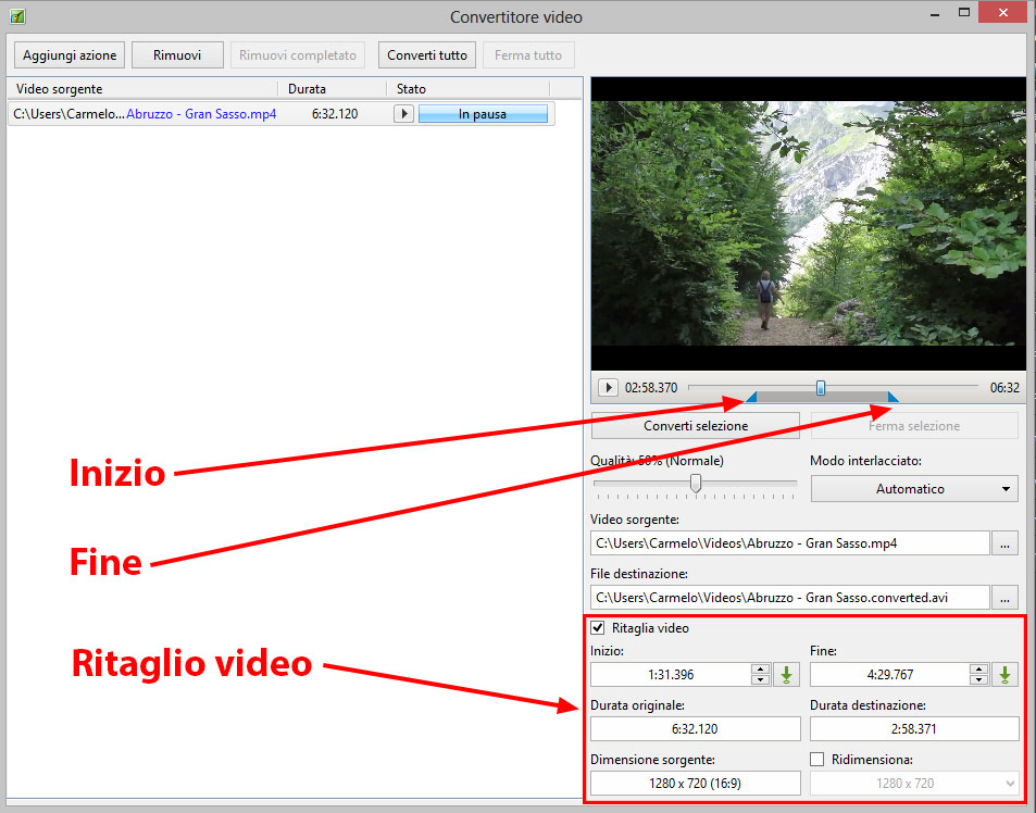 2015/05/13 21:37 3/5 Aggiungere un video È possibile ritagliare il clip video prima della conversione come mostrato nell'illustrazione precedente. Si abilita l'opzione Ritaglia video.